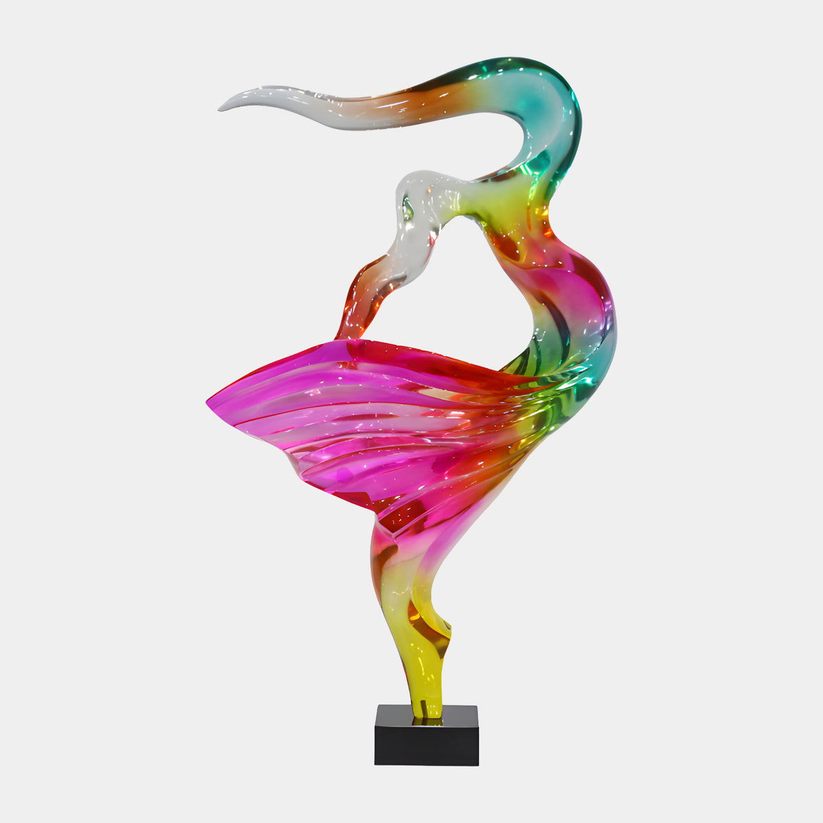 Colourful Dancing Lady Figure Resin Sculpture, 146cm, arched pose with pleated skirt in magenta, teal, yellow and green, on a black block base, plain white background.
