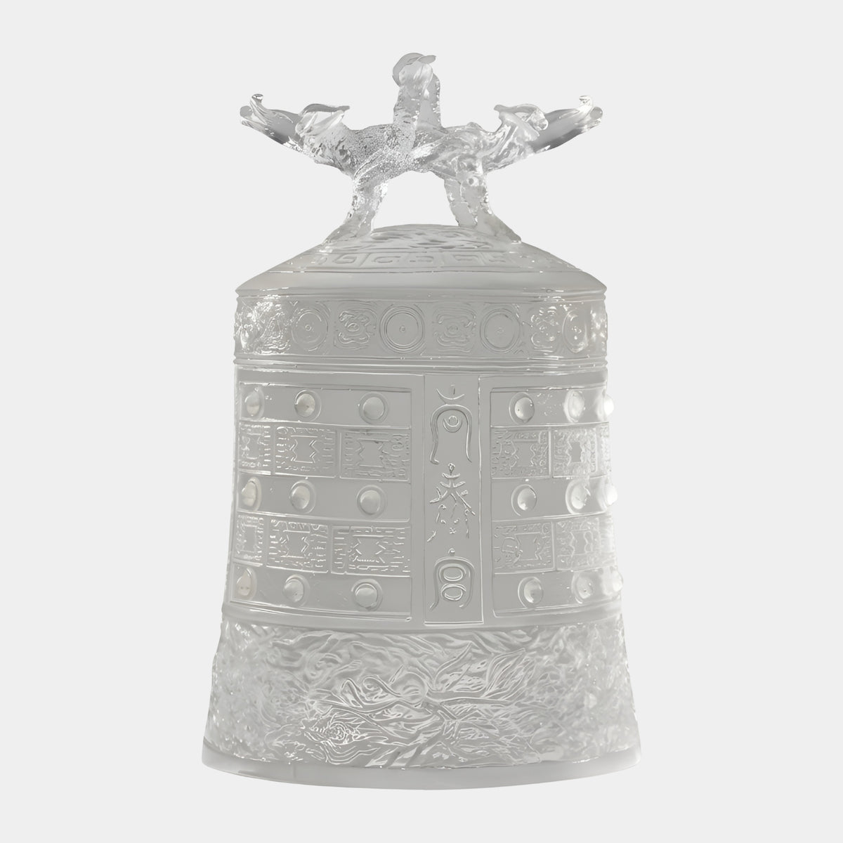 Clear Archaic Ritual Bell Resin Sculpture, 45cm, with raised relief bands and four beast heads at the crown, standing on its own rim against a plain white background.