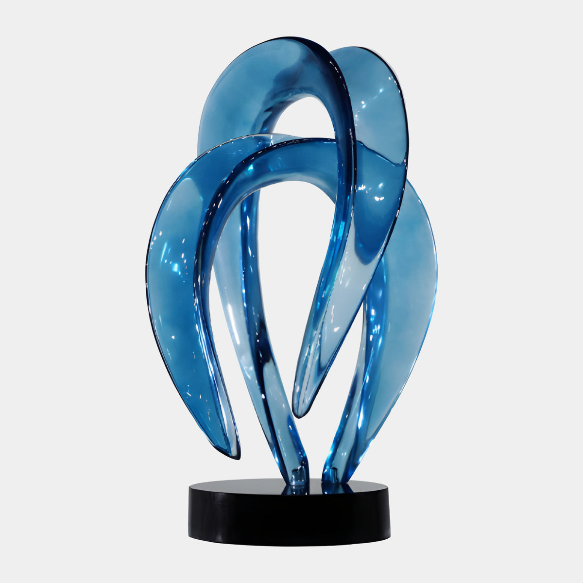Blue Curving Four Blade Bud Resin Sculpture - 65cm with four curving blue blades rising from a round black marble base, shown on a plain light grey background.