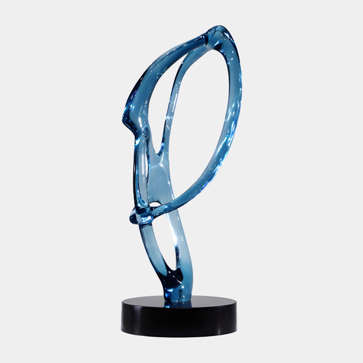 Blue Looping Knot Resin Sculpture - 70cm, a glossy blue looped form on a round black base, set against a plain white background.