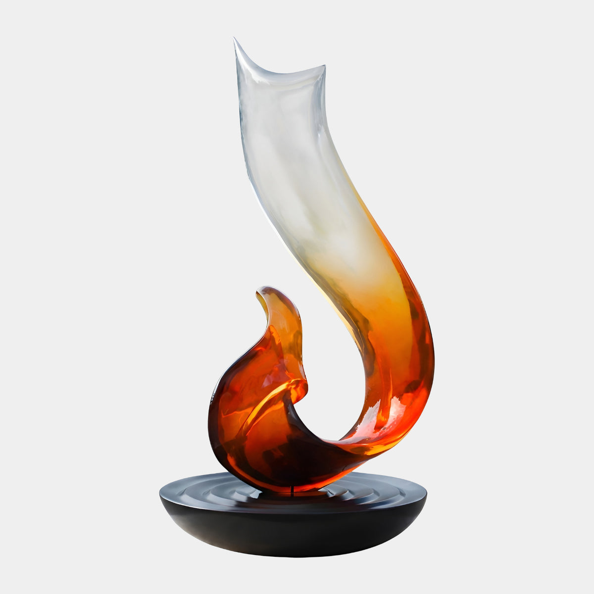 Orange & Clear Graded Flame Resin Sculpture, 190cm, a tall flame-shaped curve fading from amber to clear, resting in a round black dished base on a plain white background.