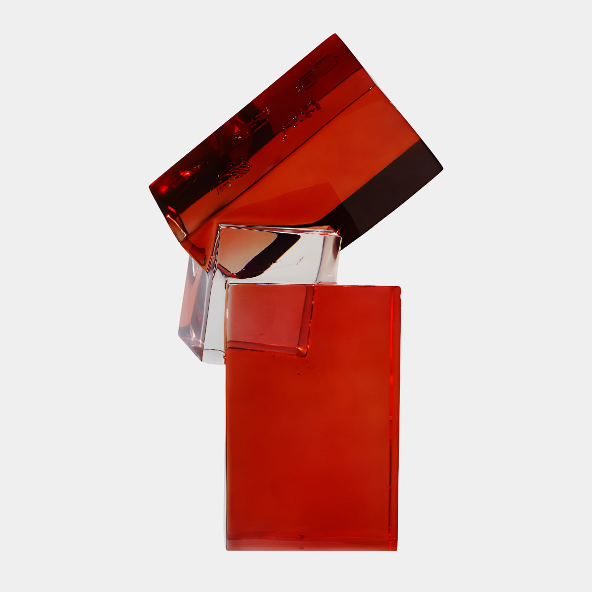 Red Leaning Cut Blocks Resin Sculpture - 70cm, red and clear geometric blocks stacked at angles, set against a plain light grey background.