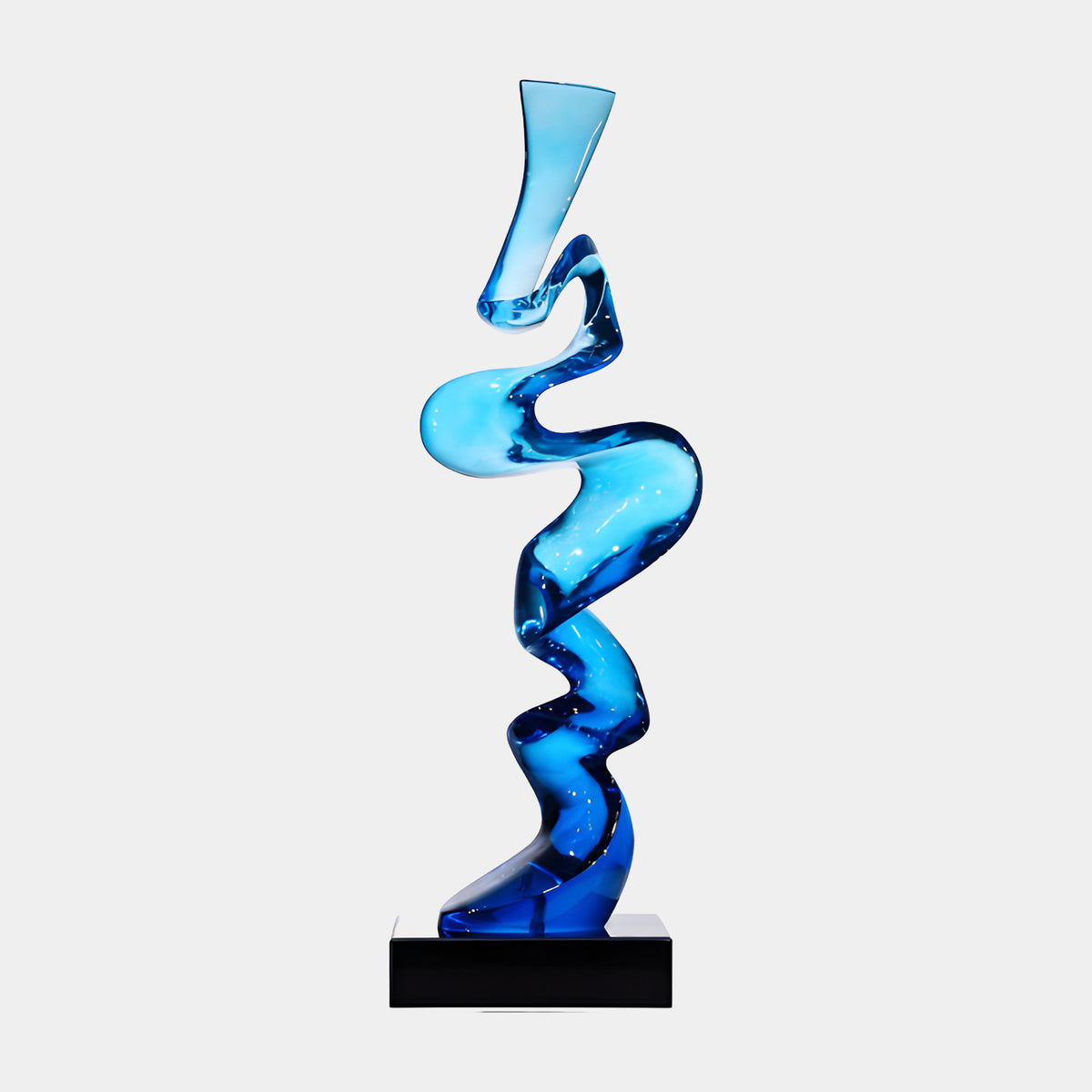 Blue Folded Ribbon Resin Sculpture - 83cm, a folded ribbon-like form flaring into a trumpet top, on a black block base against a plain light background.
