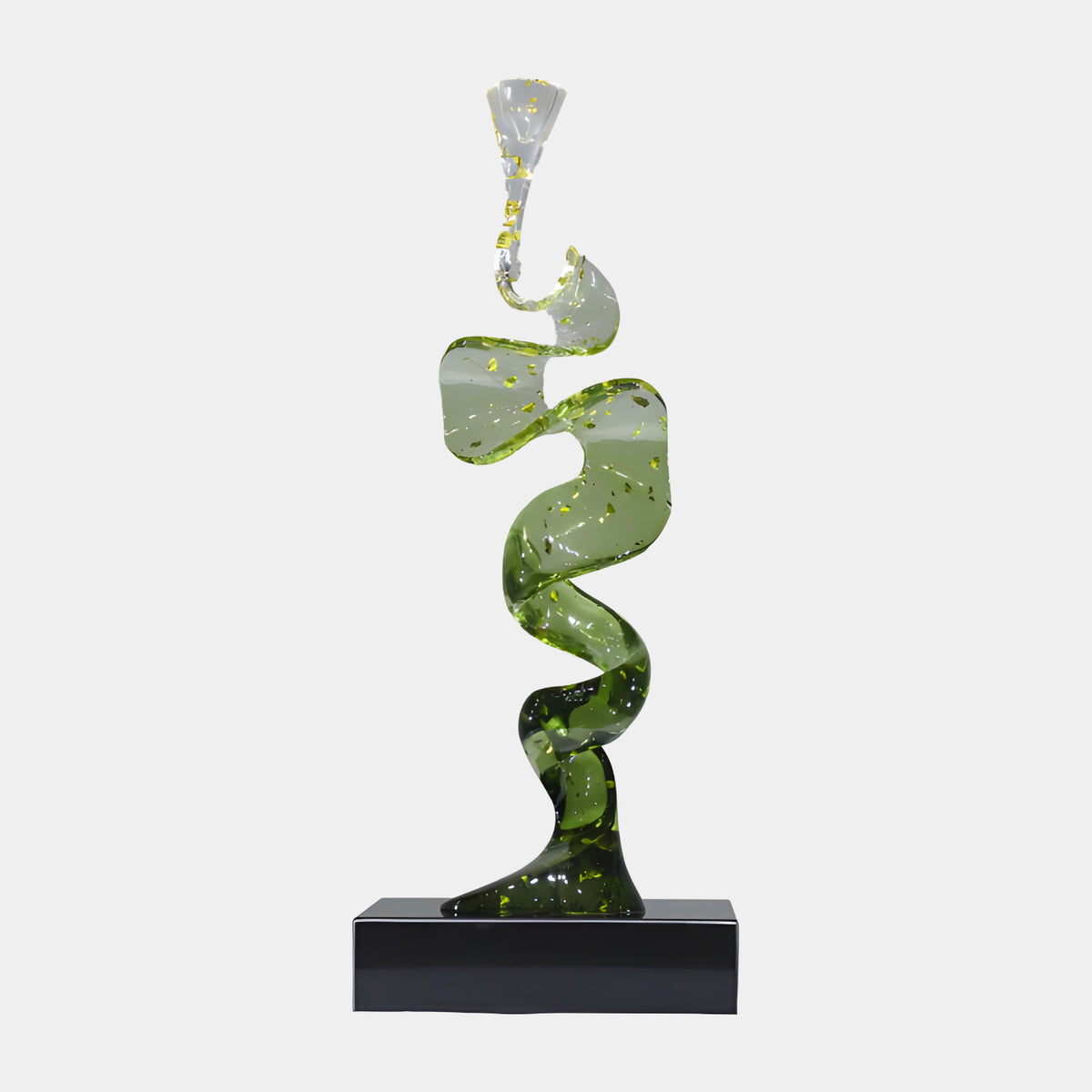 Green Gold-Flecked Folded Ribbon Resin Sculpture, 83cm, zigzagging band fading from olive to clear with gold flecks, on a black base, plain white background.