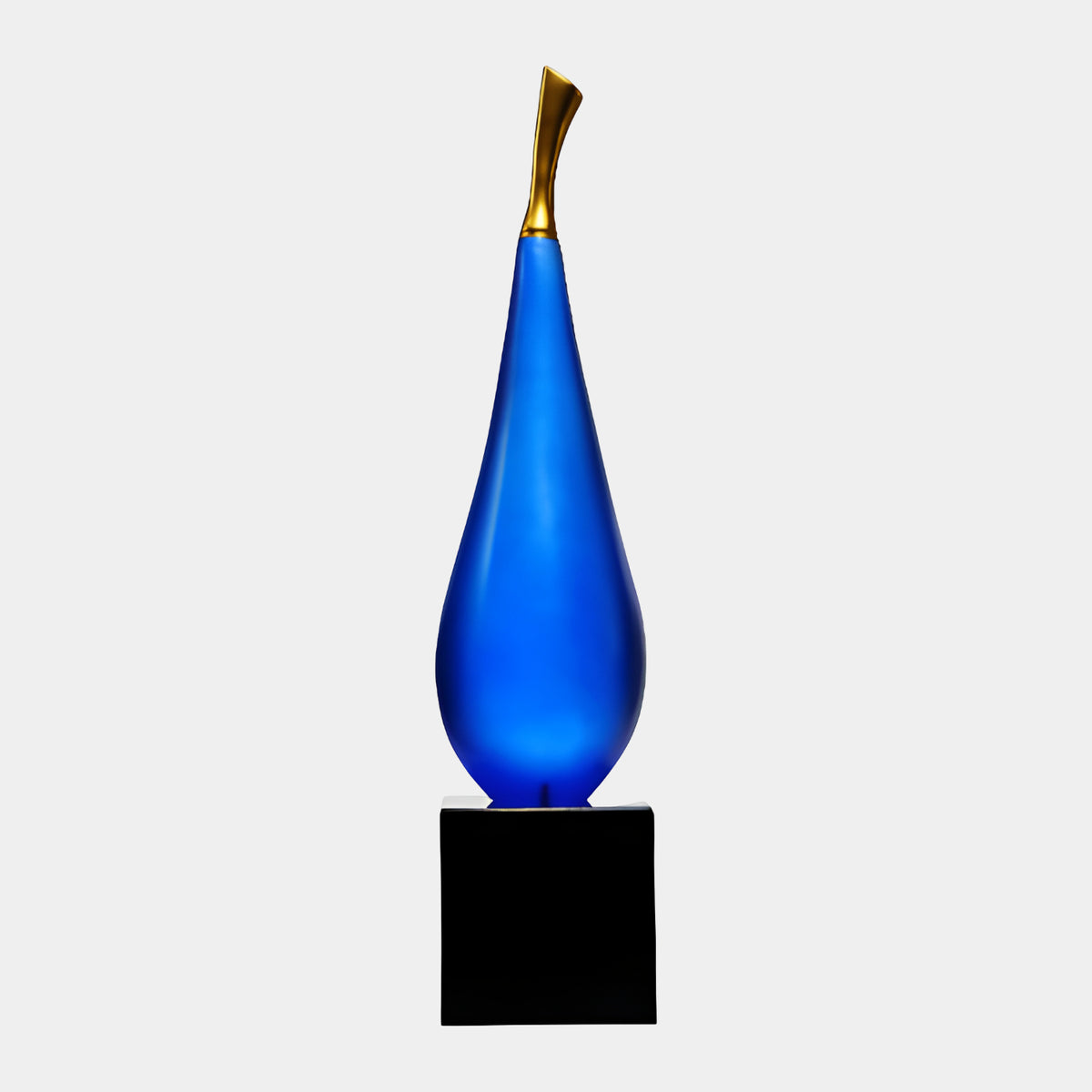 Blue & Gilt Bud Resin Sculpture - 70cm, a frosted blue bud form tapering to a gold neck, set on a black square base against a plain light background.