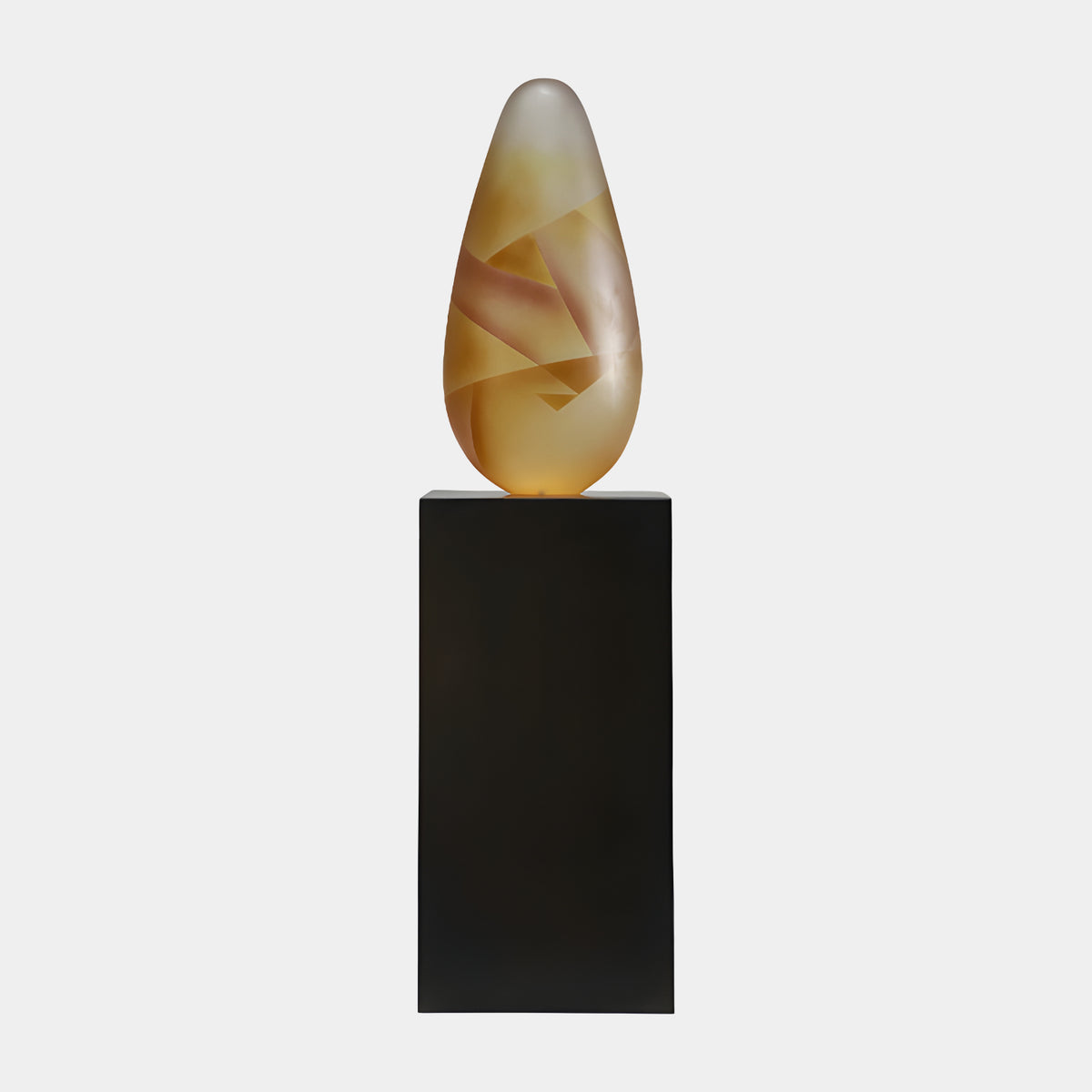 Orange & Cream Faceted Ovoid Resin Sculpture, 150cm, amber-to-cream tapered form on a tall black stand, set against a plain light grey background.