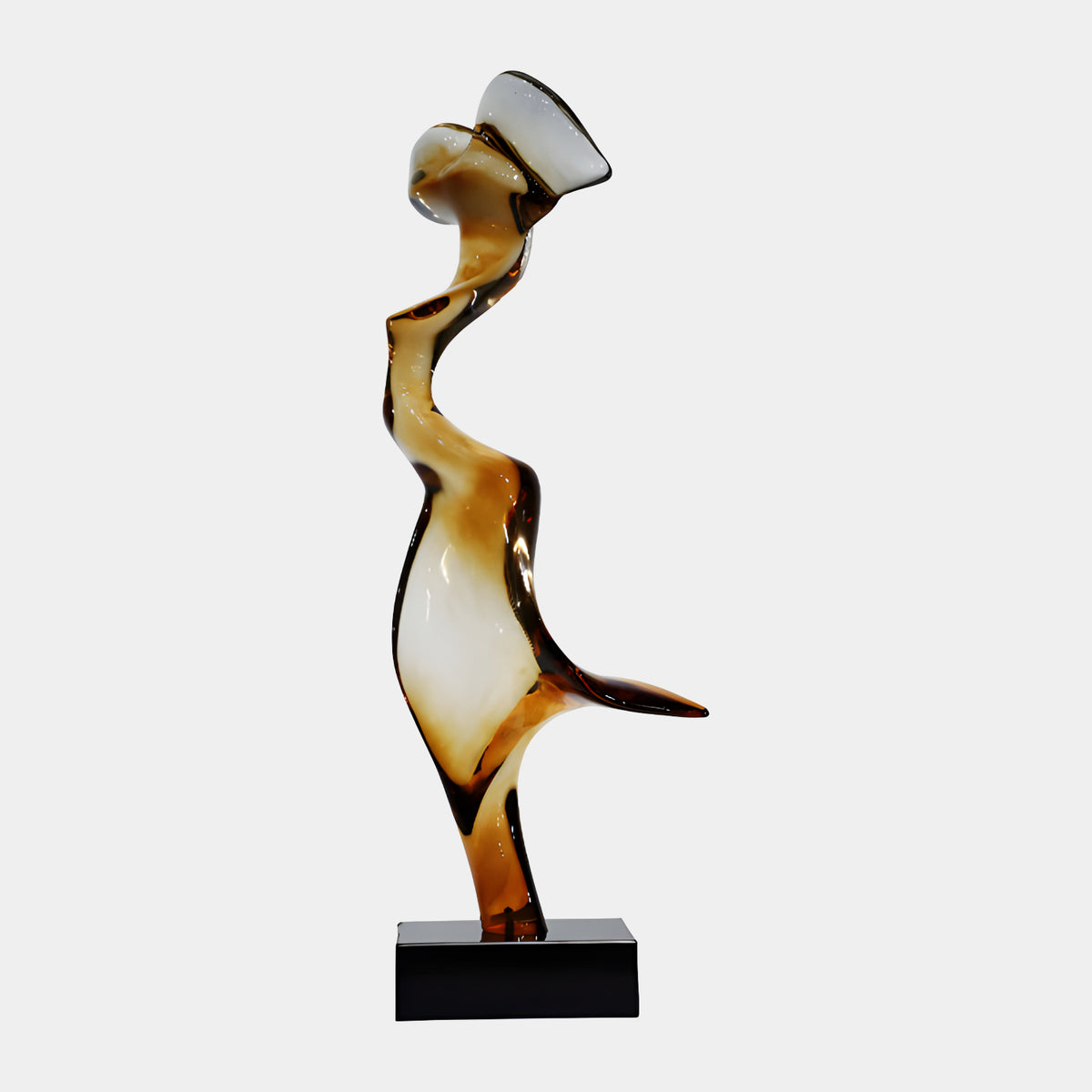 Brown & Cream Standing Figure Resin Sculpture, 119cm, abstract twisting form with head thrown back into a flared cup, on a black base, plain white background.