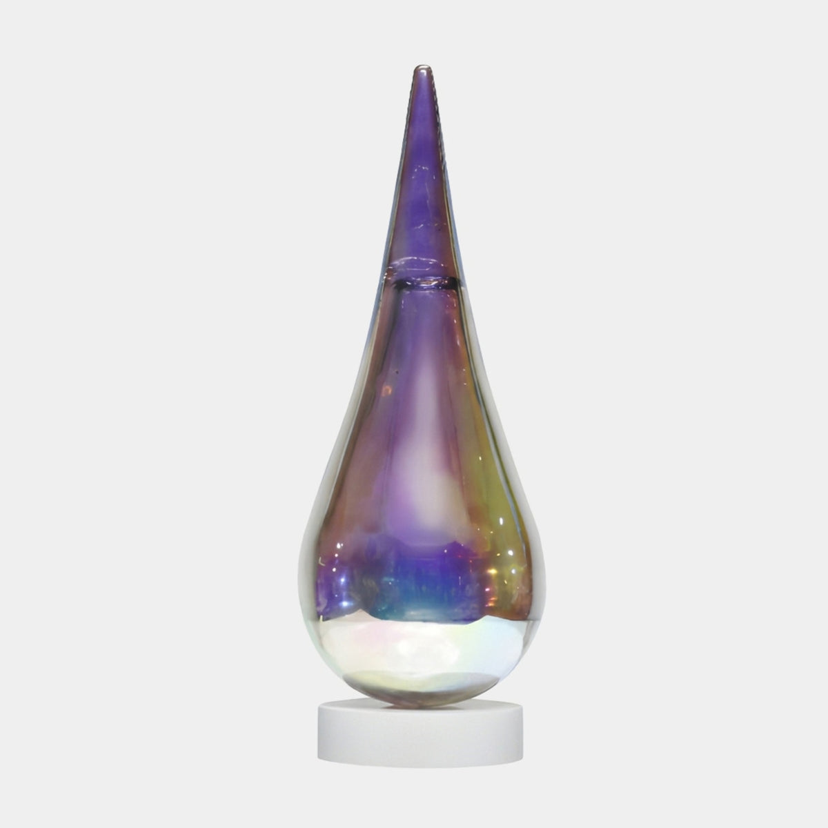 Multicoloured Teardrop Resin Sculpture - 96cm with an iridescent gold, violet and green finish, tapered point, on a round white base against a plain light background.