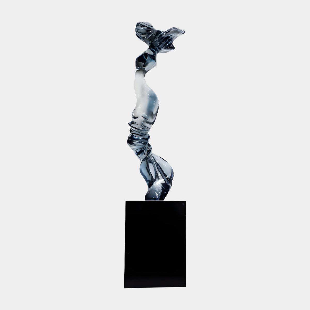 Grey Swirled Twisting Column Resin Sculpture, 180cm, smoke grey and white marbled column on a black plinth, shown against a plain light background.