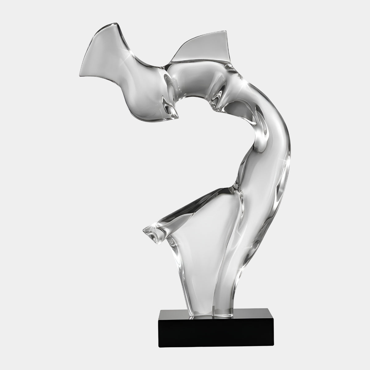 Clear Drapery Sweep Resin Sculpture - 152cm, a colourless twisting draped form on a black marble base, shown against a plain white background.
