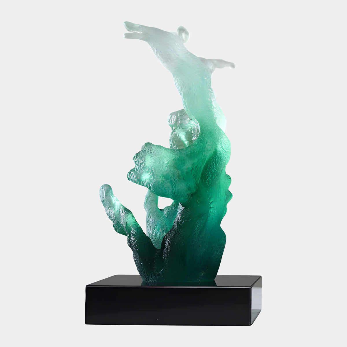Green & White Frosted Rising Form Resin Sculpture, 50cm, deep green base thinning to white at the crown, textured ridges, on a black block base, plain white background.