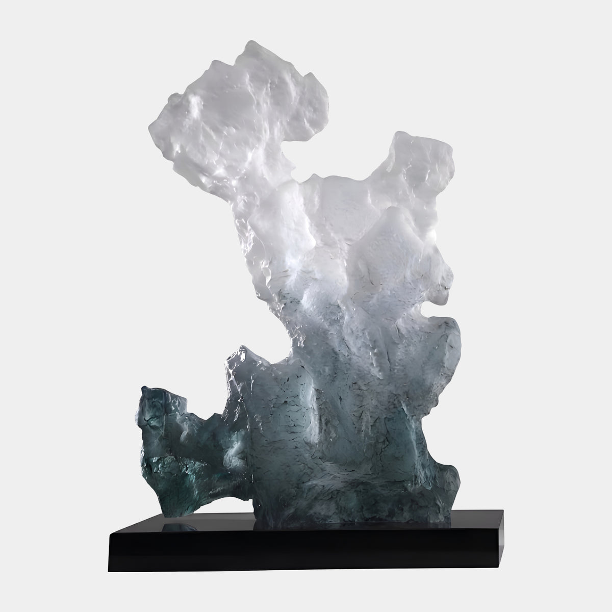 Green & White Cliff Face Resin Sculpture (91cm) by Giant Sculptures, textured rock form shifting from dark green base to frosted white peak, on a black rectangular base, plain white background.