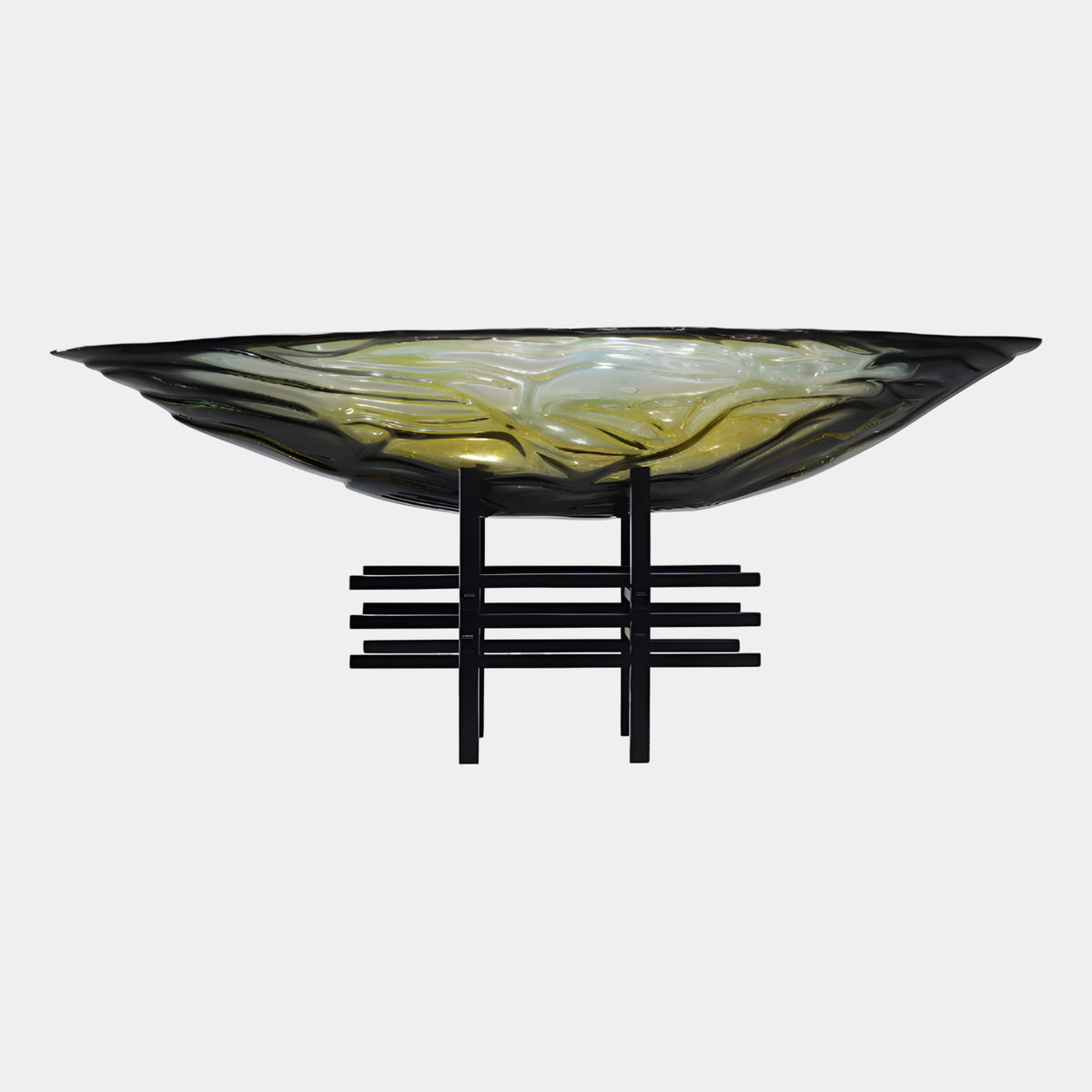 Olive & Gold Rippled Resin & Metal Dish Sculpture, 80cm, shallow rippled bowl with olive and gold tones set in a black metal lattice base, plain white background.