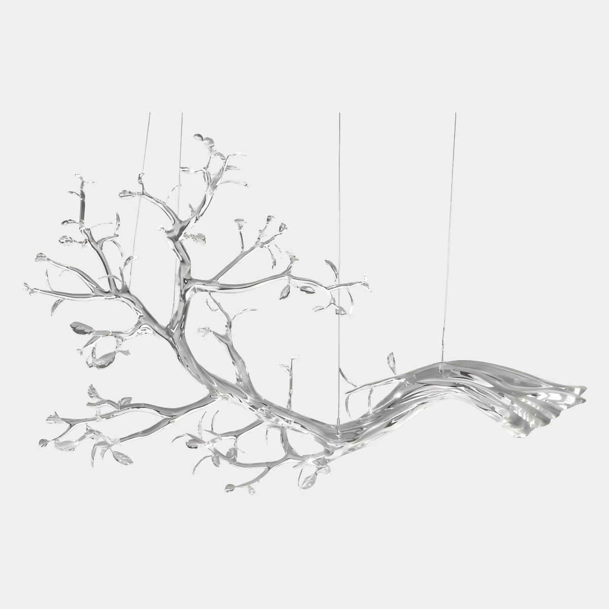 Clear Sweeping Tree Resin Sculpture (190cm) by Giant Sculptures, a horizontal clear resin tree suspended by wires, branches and leaves clustered at one end, against a plain white background.