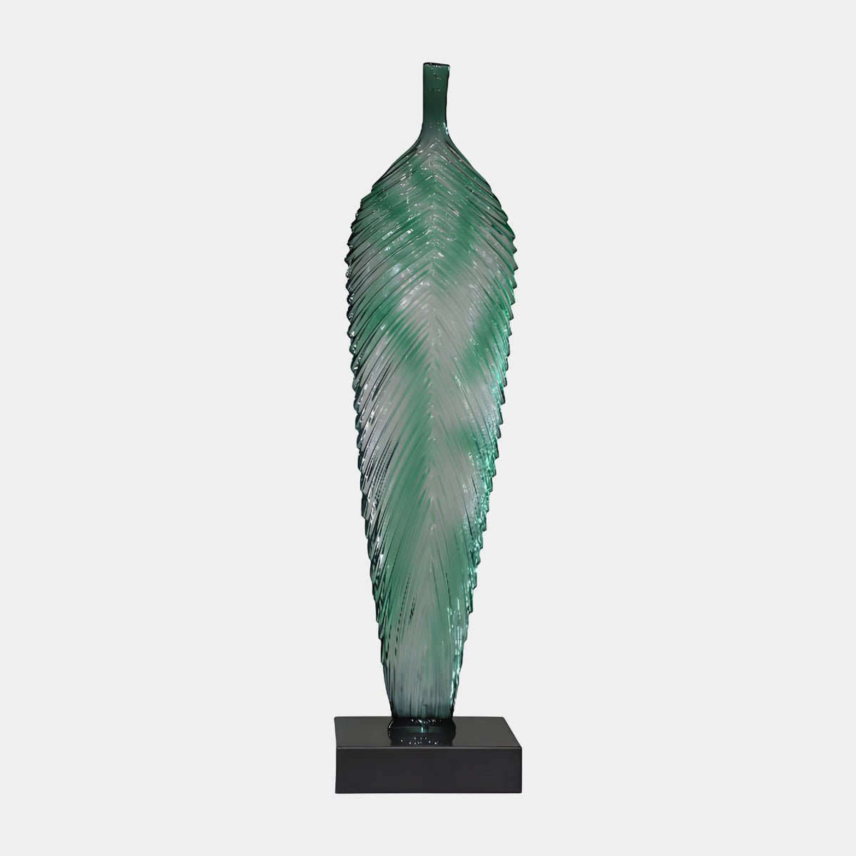Green Ribbed Vessel Resin Sculpture, 106cm, tall herringbone-ribbed vessel with narrow neck, green tones, on a black marble base, set against a plain light grey background.