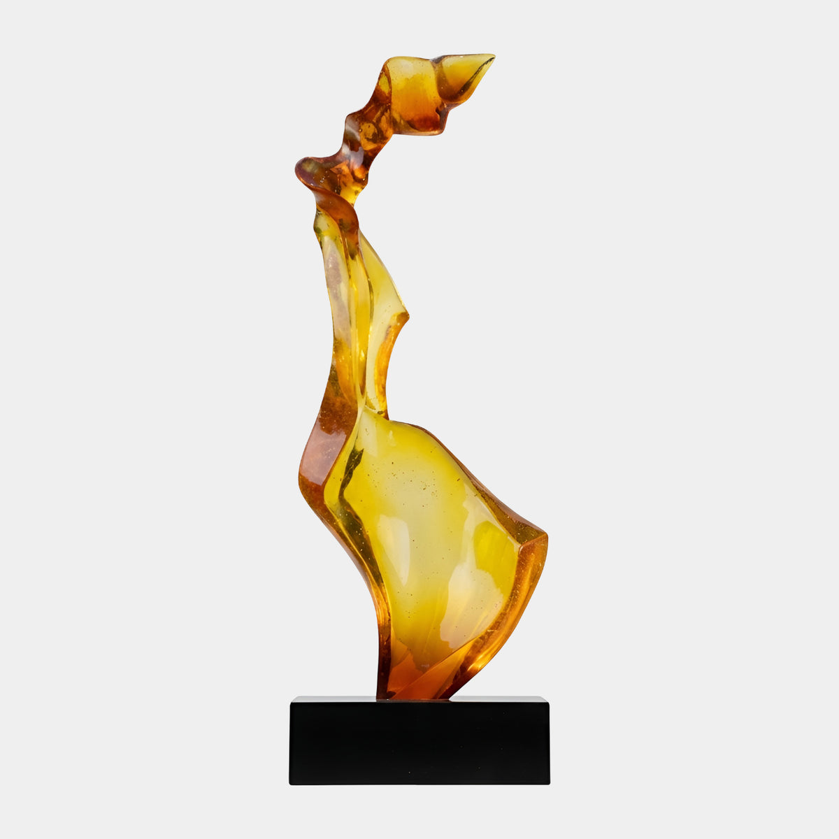 Amber & Red Faceted Bubble Resin Sculpture - 170cm by Giant Sculptures, a twisting faceted form in amber and orange tones on a black marble base, shown against a plain light background.
