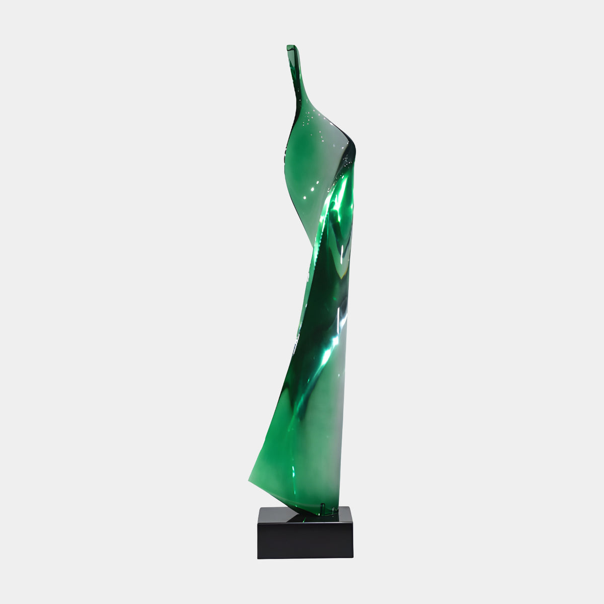 Green Twisted Blade Resin Sculpture - 120cm, a tall twisting green resin blade form on a black marble base, shown against a plain light grey background.