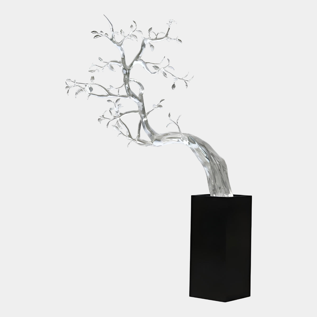 Clear Tree Resin Sculpture on Marble Plinth - 260cm, clear branching canopy leaning from a tall black plinth, shown against a plain white background.