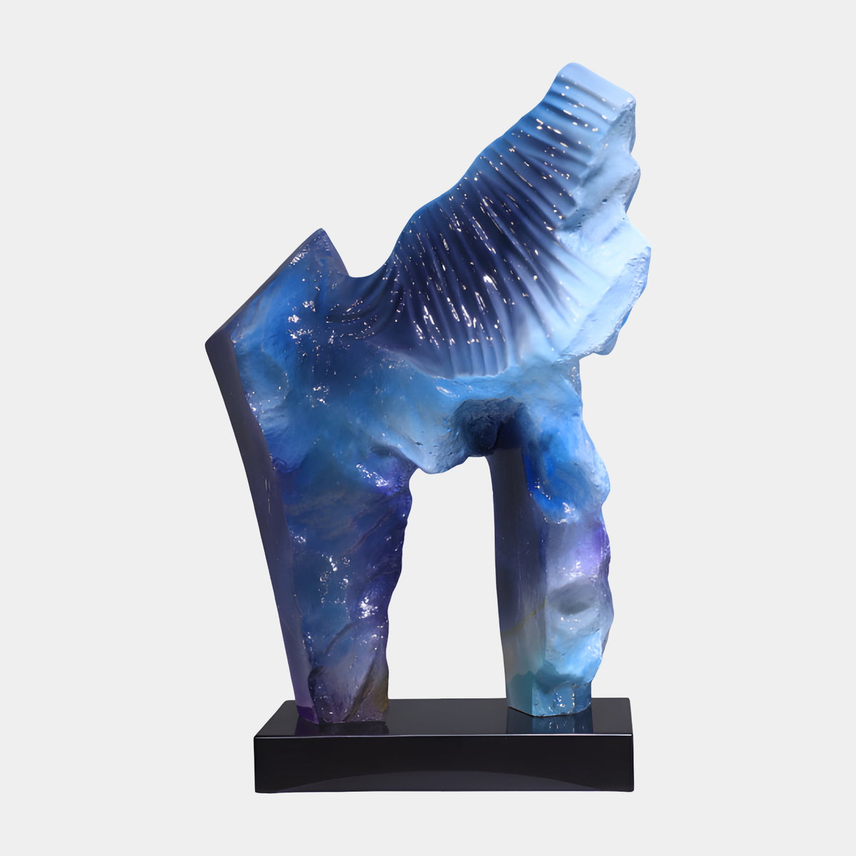 Blue & Purple Combed Mane Horse Resin Sculpture, 69cm, with arched neck and grooved mane, blue-to-purple finish with metallic flecks, on a black base against a plain white background.