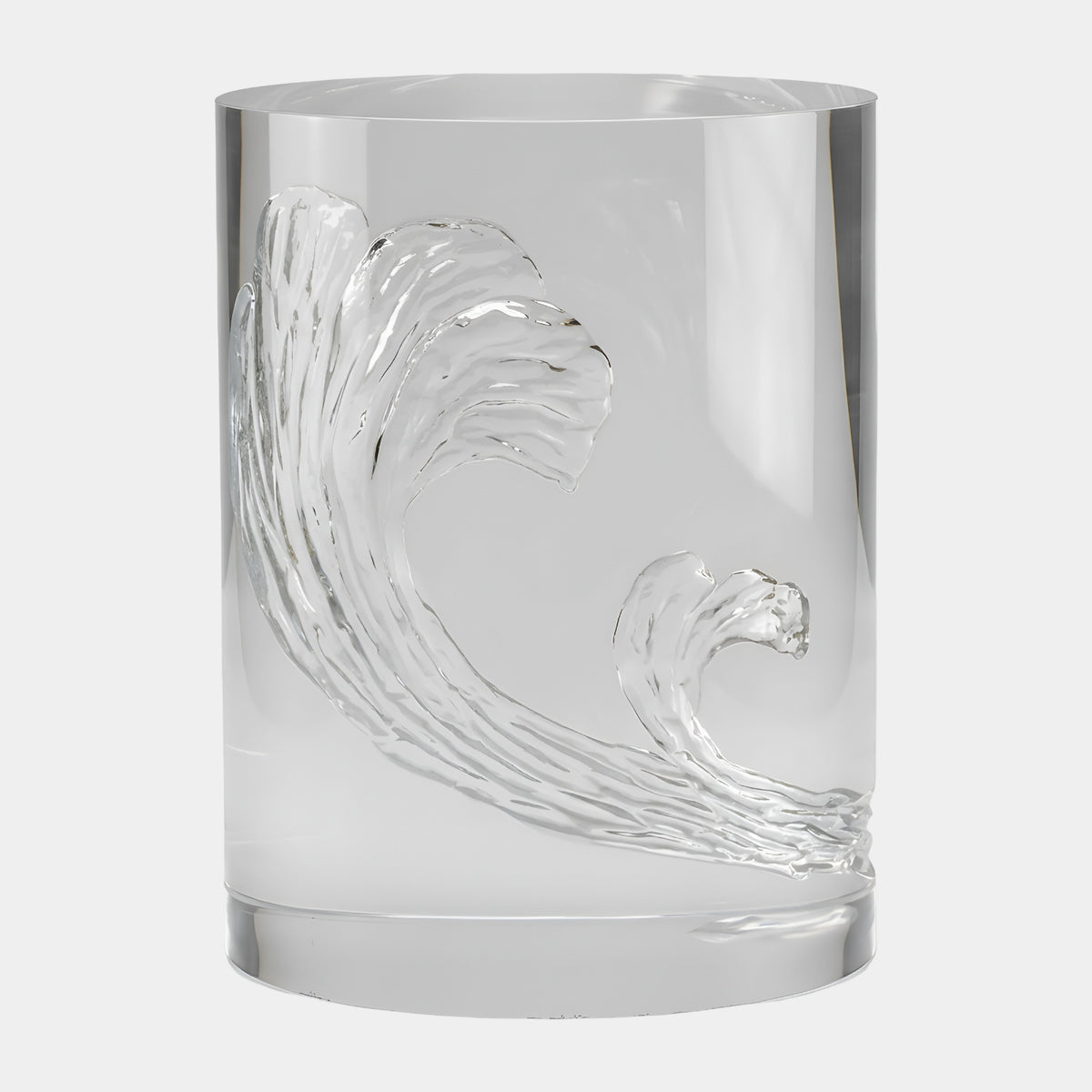 Clear Carved Wave Cylinder Resin Sculpture - 45cm, a transparent resin cylinder with a breaking wave carved into its wall, shown on a plain white background.