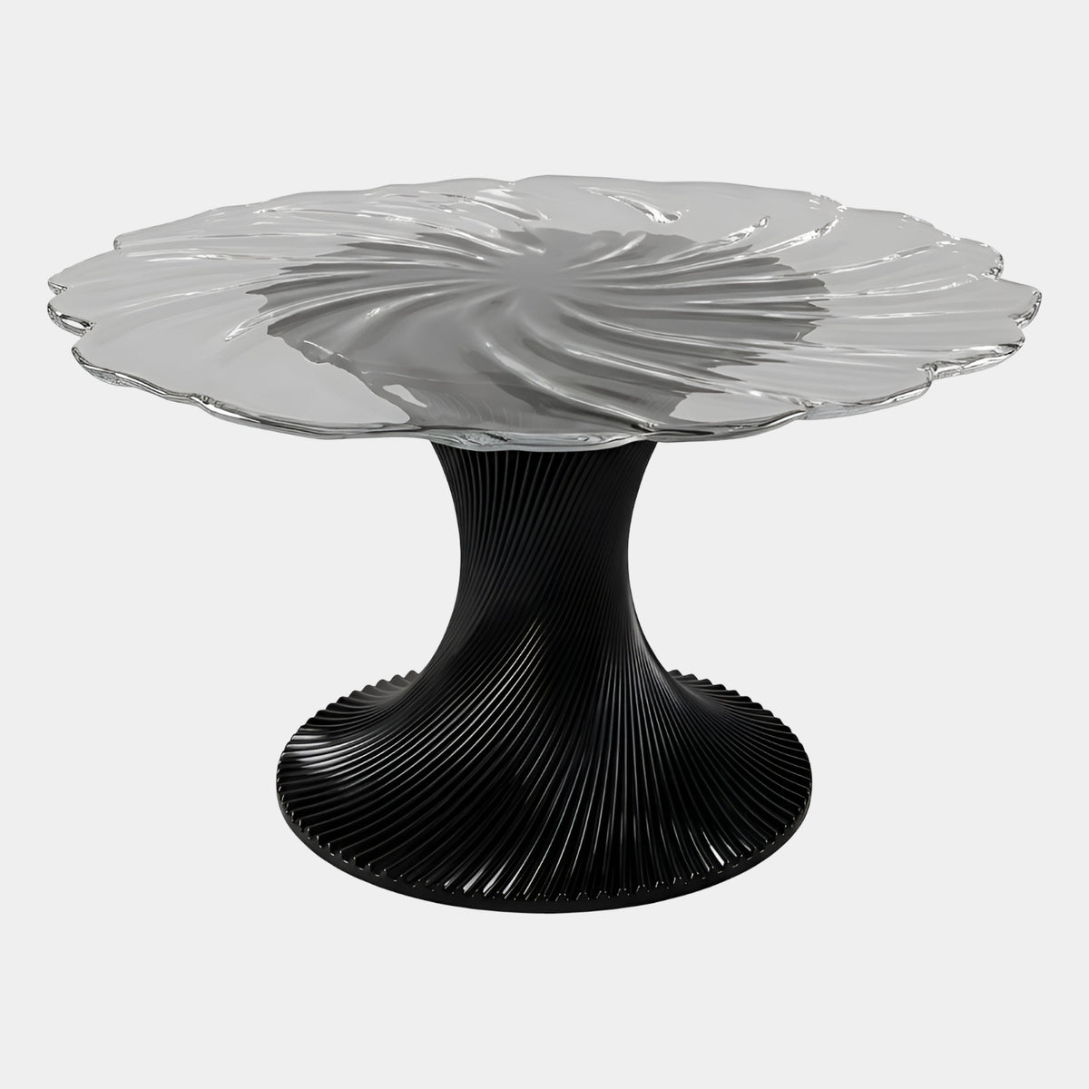 Clear Swirled Top Black Fluted Pedestal Dining Table, 140cm, with a rippled clear round top on a matt black fluted pedestal base, shown on a plain white background.