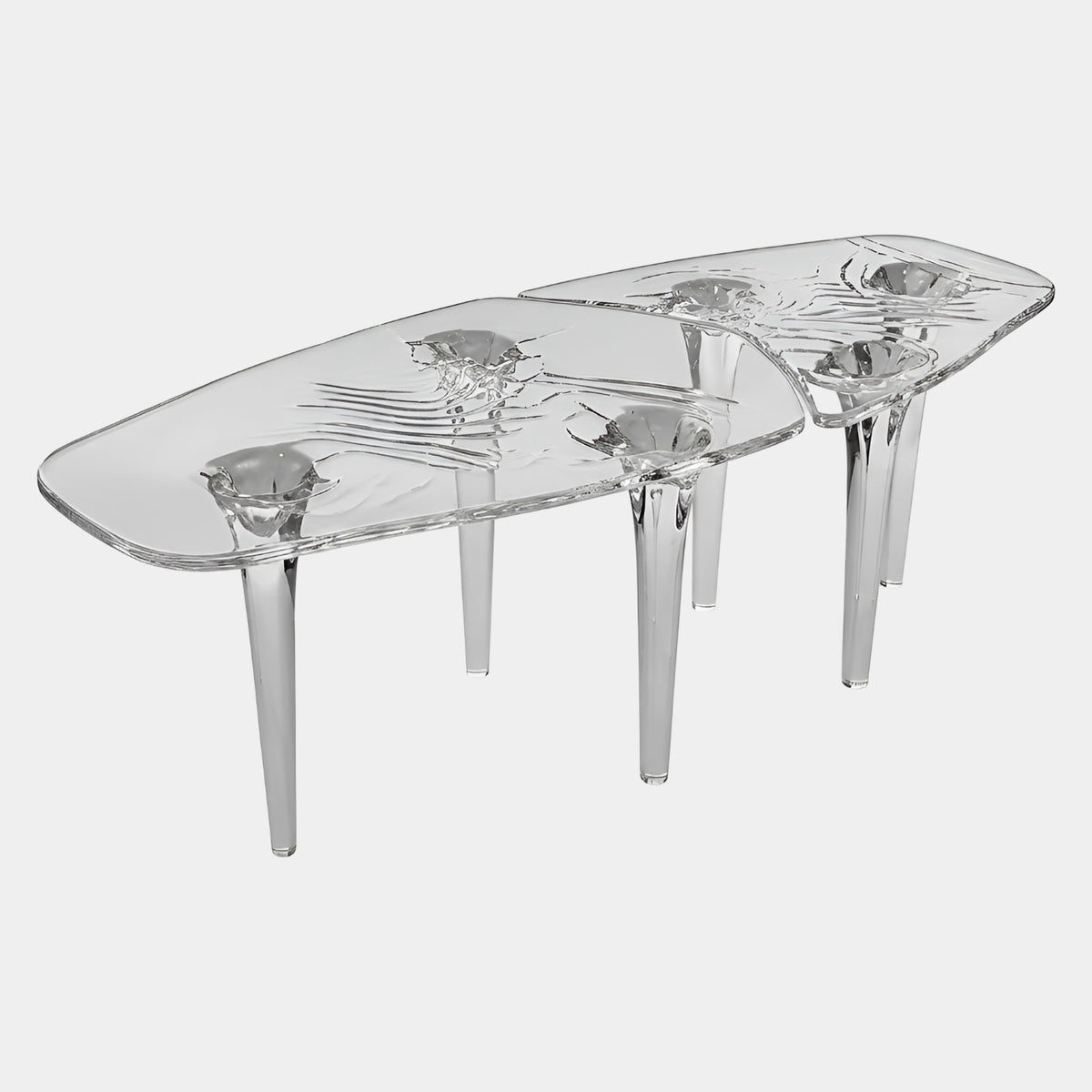 Clear Rippled Twin Plate Cast Resin Dining Table, 250cm, with two overlapping rippled clear resin tops on tapered poured-look legs, shown on a plain white background.
