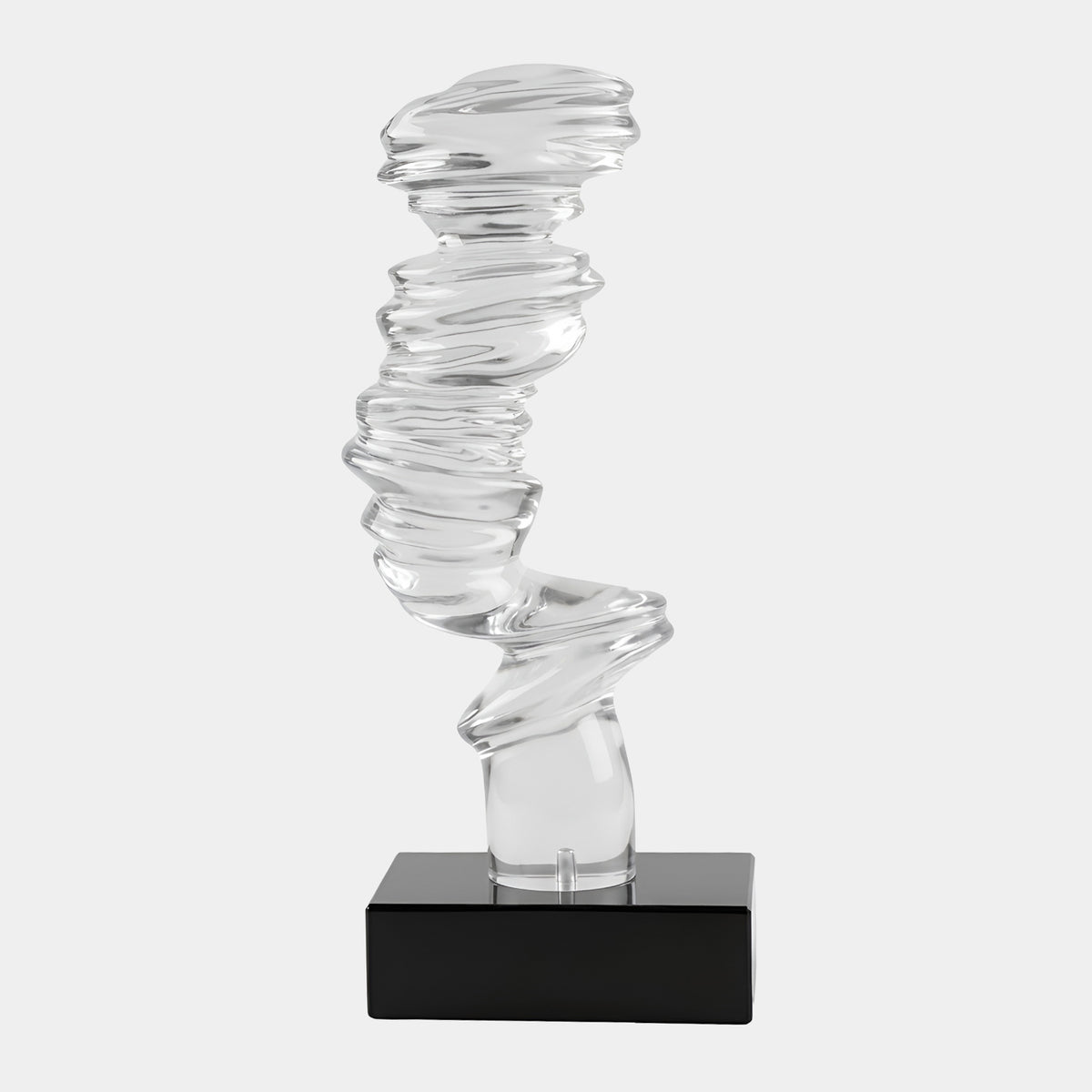 Clear Stacked Disc Column Resin Sculpture - 50cm with rippled, twisting discs on a short foot, set on a black marble block, shown against a plain white background.