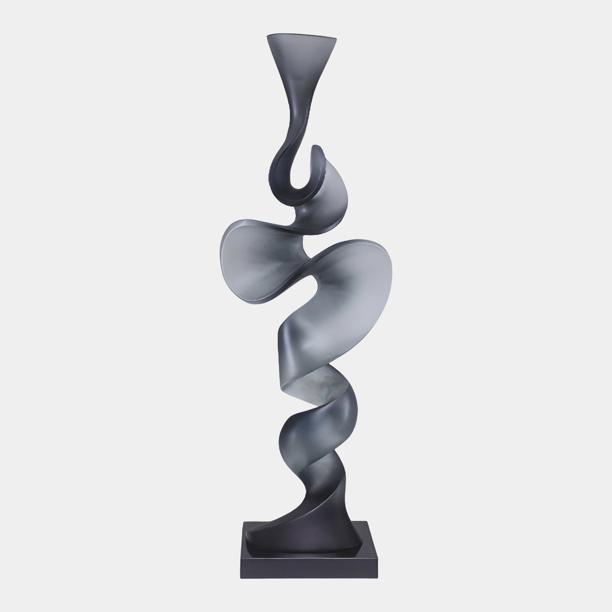 Grey Spiral Ribbon Resin Sculpture, 156cm, a twisting ribbon form rising from a black square base to a trumpet-shaped top, shown on a plain white background.