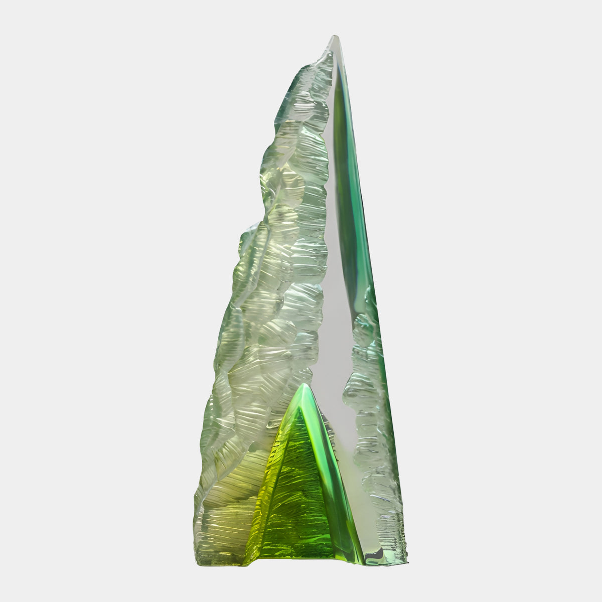 Green Cliff Peak Resin Sculpture - 118cm, a mountain-shaped resin peak with one polished flat face and one textured cliff face, green fading to clear at the summit, on a plain white background.