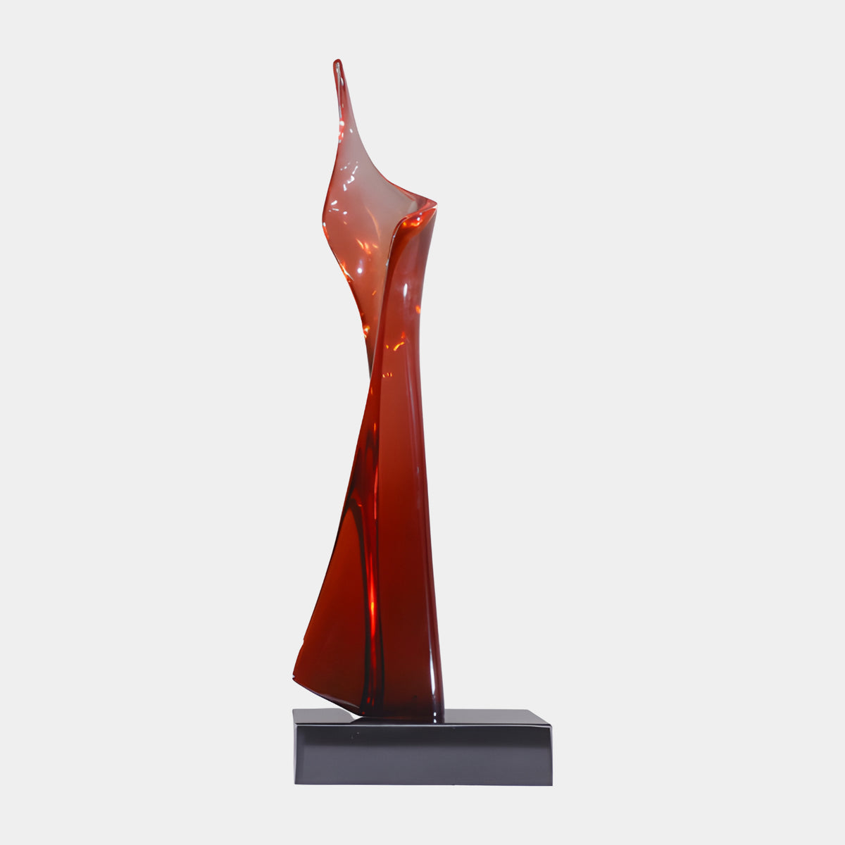 Deep Red Slender Twisting Flame Resin Sculpture - 76cm, a narrow twisting flame-like form on a black marble base, set against a plain light background.