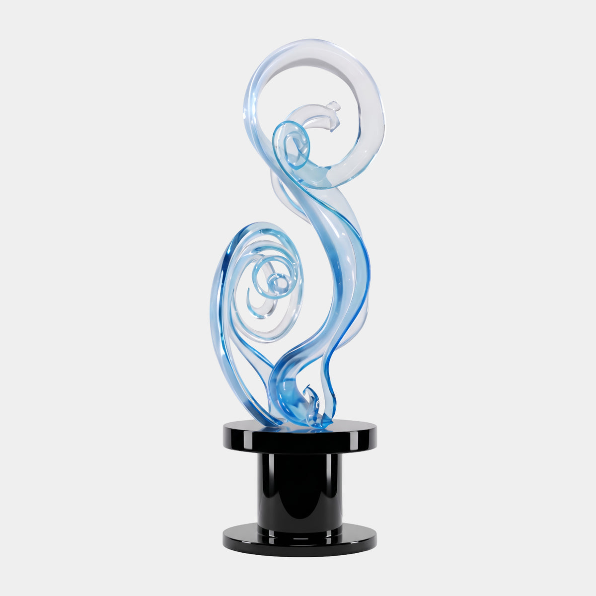 Blue Double Scroll Resin Sculpture, 46cm, two intertwined curling forms in shades of blue on a black cylindrical stand, set against a plain light background.