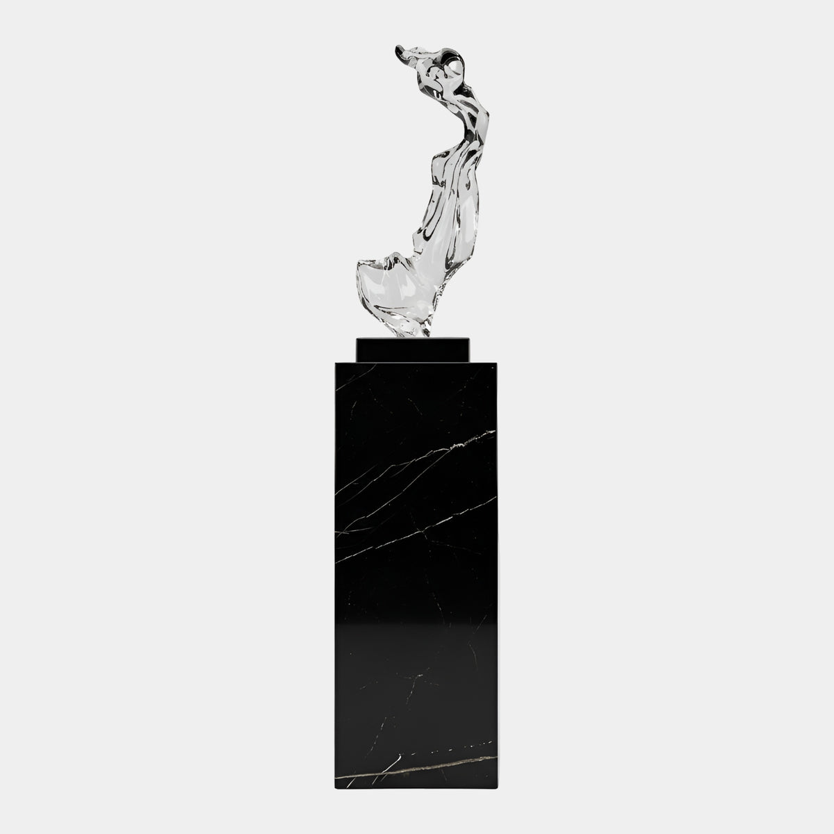 Clear Twisting Ribbon Resin Sculpture, 158cm, atop a tall black marble plinth against a plain white background.