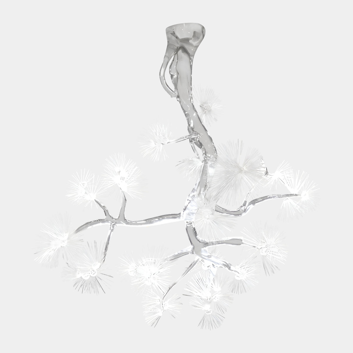 Clear Pine with Frosted Needles Hanging Resin Sculpture, 160cm, glassy branches with frosted white needle clusters, hollow trunk top, on a plain white background.