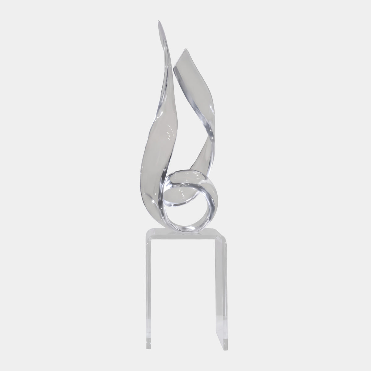 Clear Flame Resin Sculpture on Acrylic Stand (150cm) by Giant Sculptures, a swirling flame-like form on a clear four-legged acrylic base, shown against a plain light grey background.