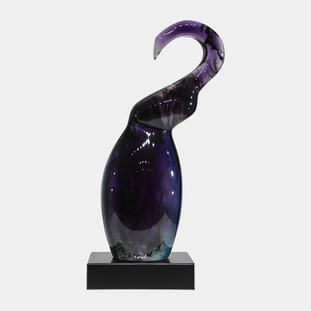 Purple Hooked Form Resin Sculpture (64cm) by Giant Sculptures, a hooked organic form with dark marbled ink through violet resin, on a black marble base, plain light background.