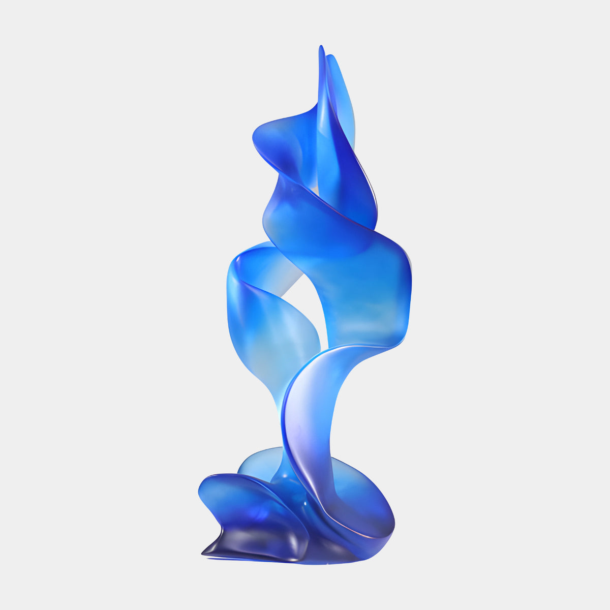 Blue Spiral Flame Resin Sculpture - 67cm, a frosted blue spiral rising to a point from a curled resin base, shown on a plain white background.