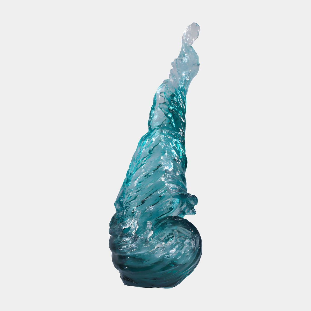 Teal & Clear Rising Water Plume Resin Sculpture - 120cm, a swirling wave form rising from a churning teal base to a near-clear pointed tip, shown on a plain white background.