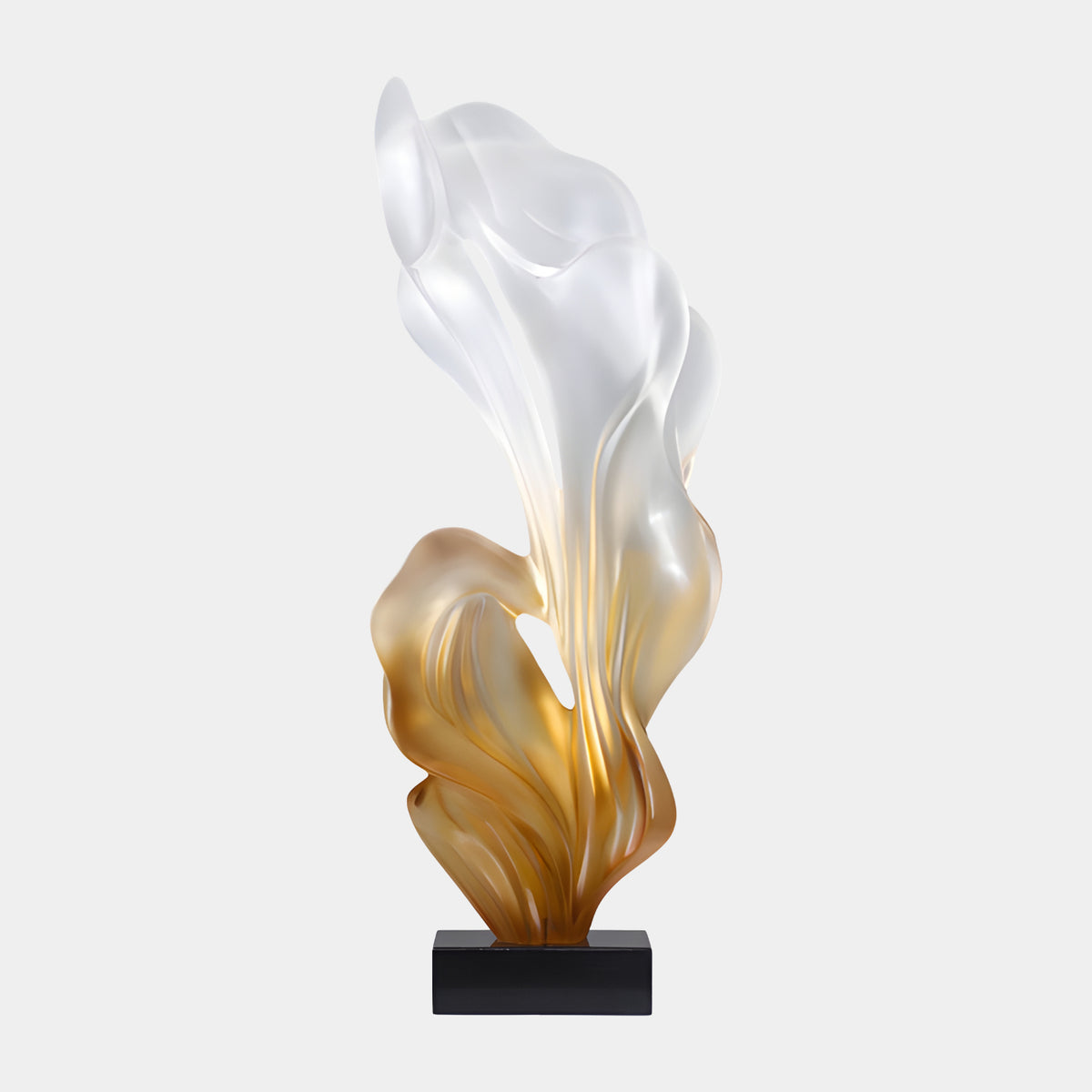 Amber & White Frosted Drapery Resin Sculpture - 86cm, flame-like draped form shifting from amber at the base to white at the crown, on a black rectangular base, plain white background.