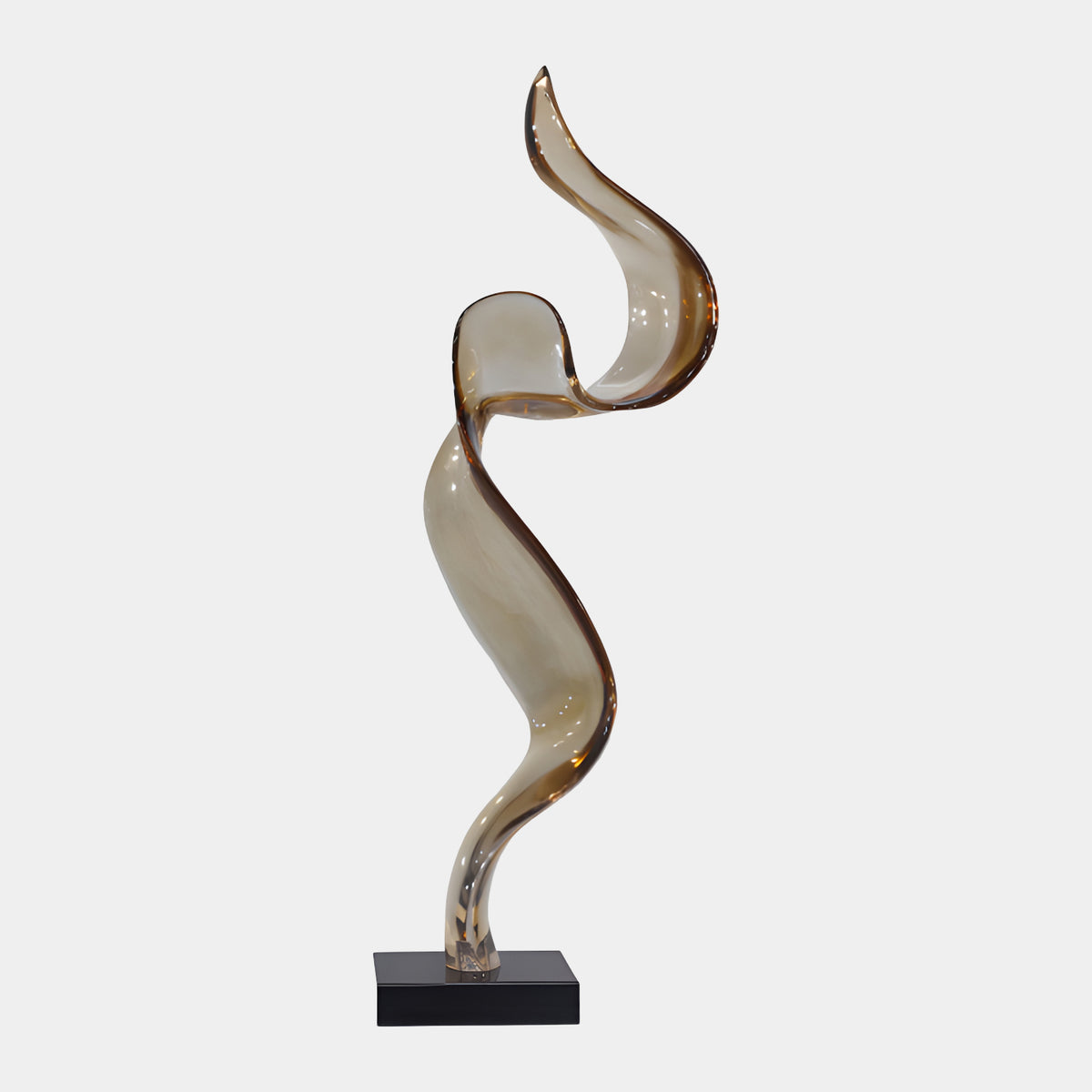 Smoky Tan Serpentine Ribbon Resin Sculpture, 144cm, a translucent tan ribbon-form curving upward with darkened edges on a black stone base, set against a plain light background.