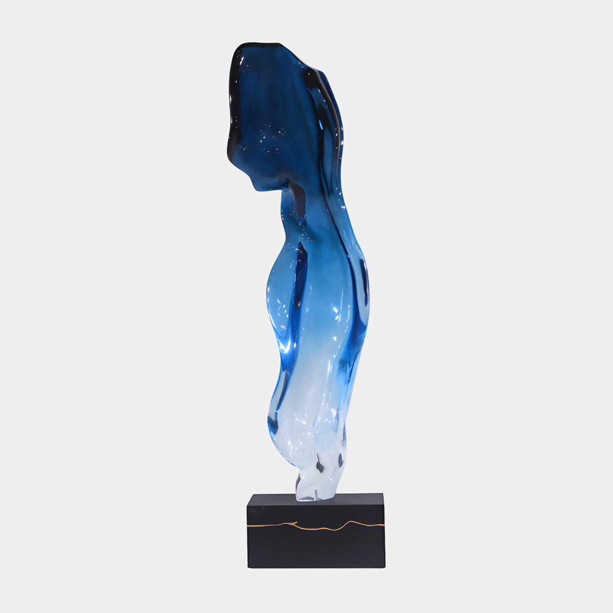 Blue to Clear Standing Torso Resin Sculpture, 161cm, headless armless female form fading from deep blue to clear, on a black marble base with gold inlay, plain white background.