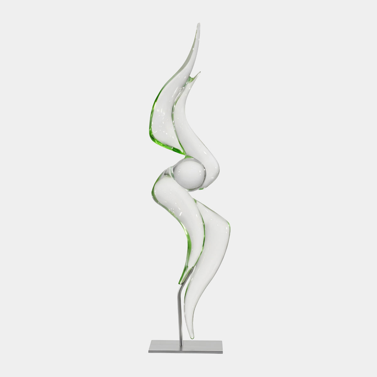 Clear & Green Edged Flame Resin Sculpture, 45cm, S-curved flame form with a clear sphere and green-edged line, on a slim silver stem and base, plain white background.