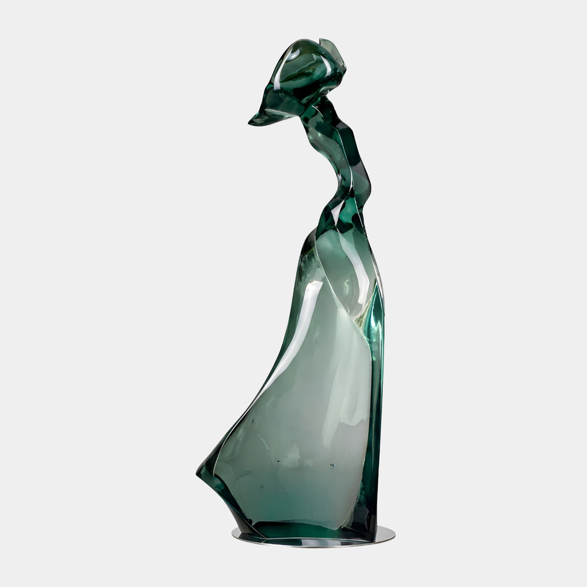 Green Gowned Lady in a Bonnet Resin Sculpture, 120cm, a bonneted woman in a flowing gown fading from deep to pale green, on a round metal base, plain white background.