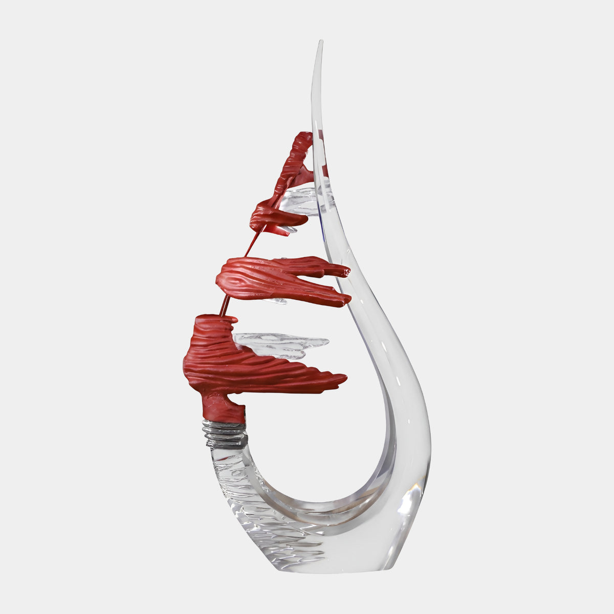 Clear & Red Hook Resin Sculpture, 200cm, tall curved hook form with red branching accents on the inner edge, shown on a plain white background.