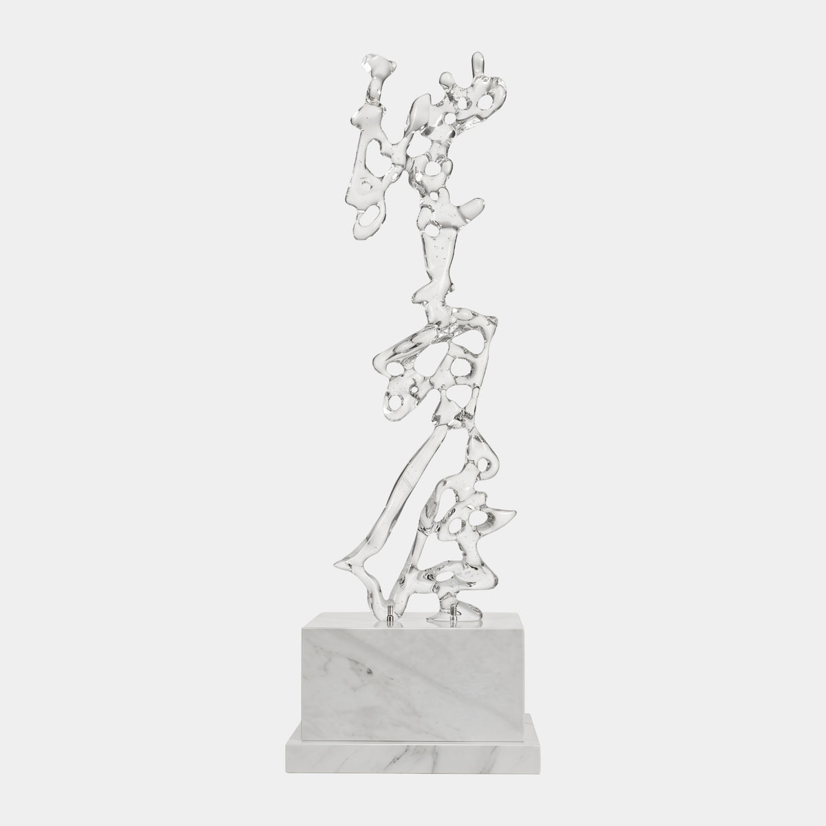 Clear Pierced Rock Resin Sculpture - 130cm by Giant Sculptures, a tall perforated abstract form on a white marble block base, shown against a plain light background.