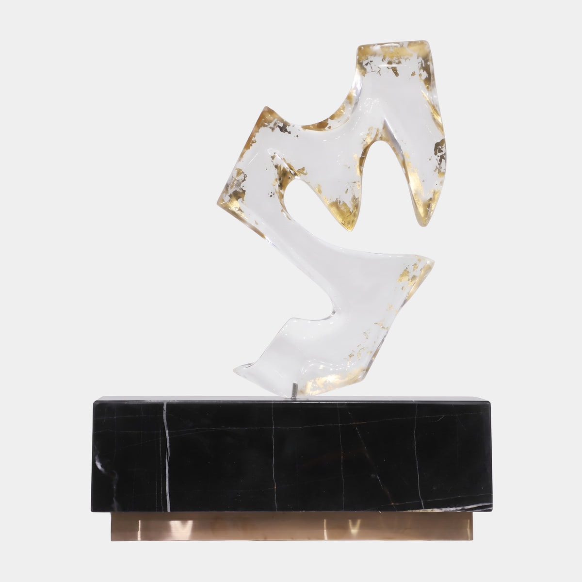 Clear & Gold Leaf S-Curve Plate Resin Sculpture - 69cm, an S-shaped clear resin form with gold leaf accents on a black marble block over a gold-finished base, set against a plain white background.