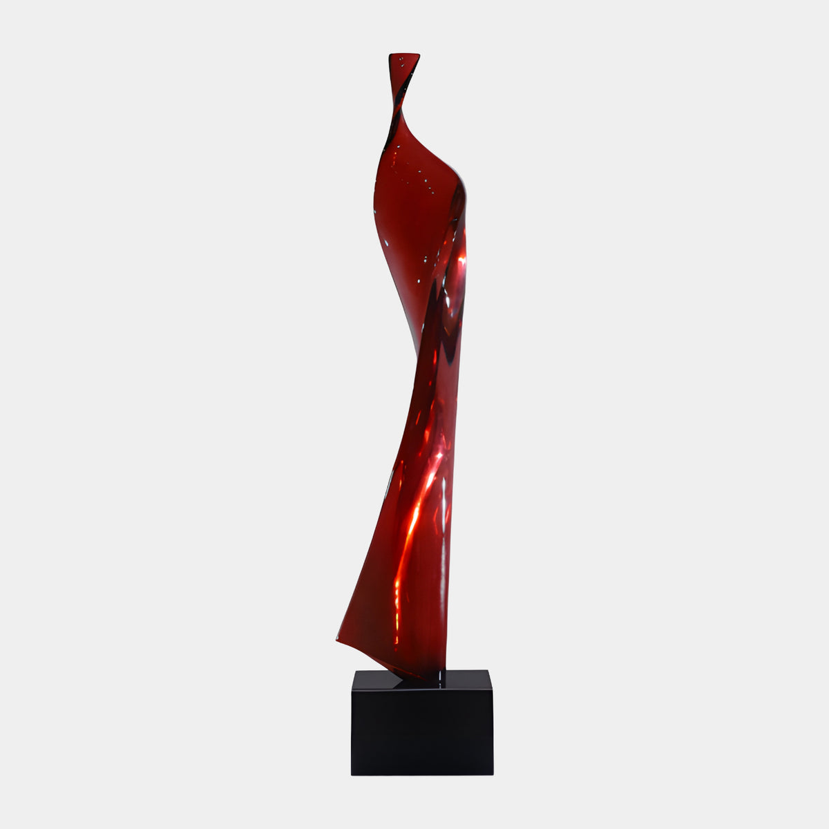 Red Twisted Blade Column Resin Sculpture (158cm) in glossy red resin on a black block base, shown against a plain light grey background.