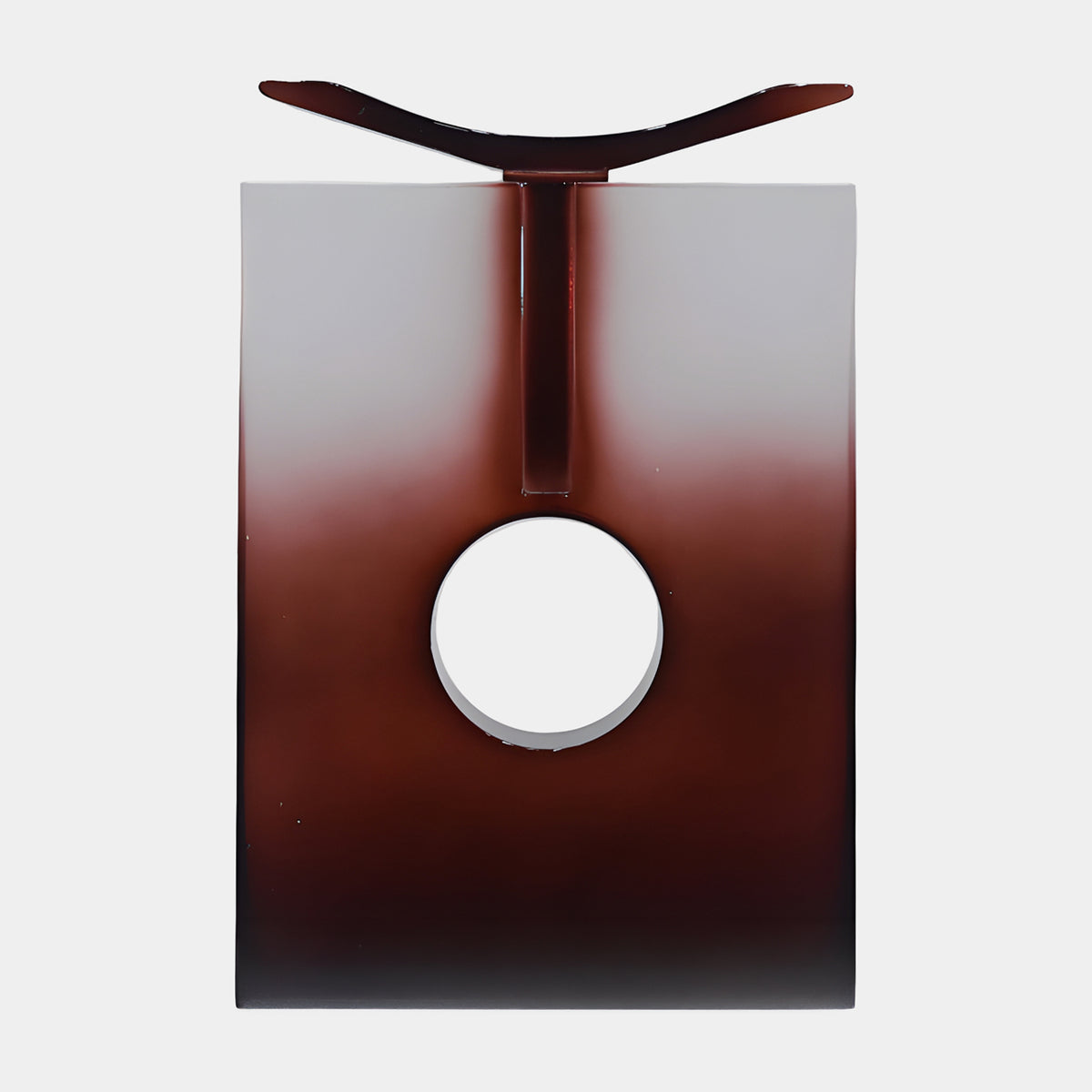 Red Pierced Slab Resin Sculpture - 45cm, a flat slab with a pierced circle and curved crossbar, shading from white crown to dark red base, shown against a plain light background.