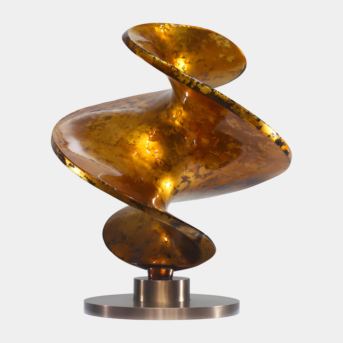 Orange & Gold Twisted Cone Resin Sculpture, 85cm, spiraling amber form with gold patches on a brushed metal disc base, plain white background.