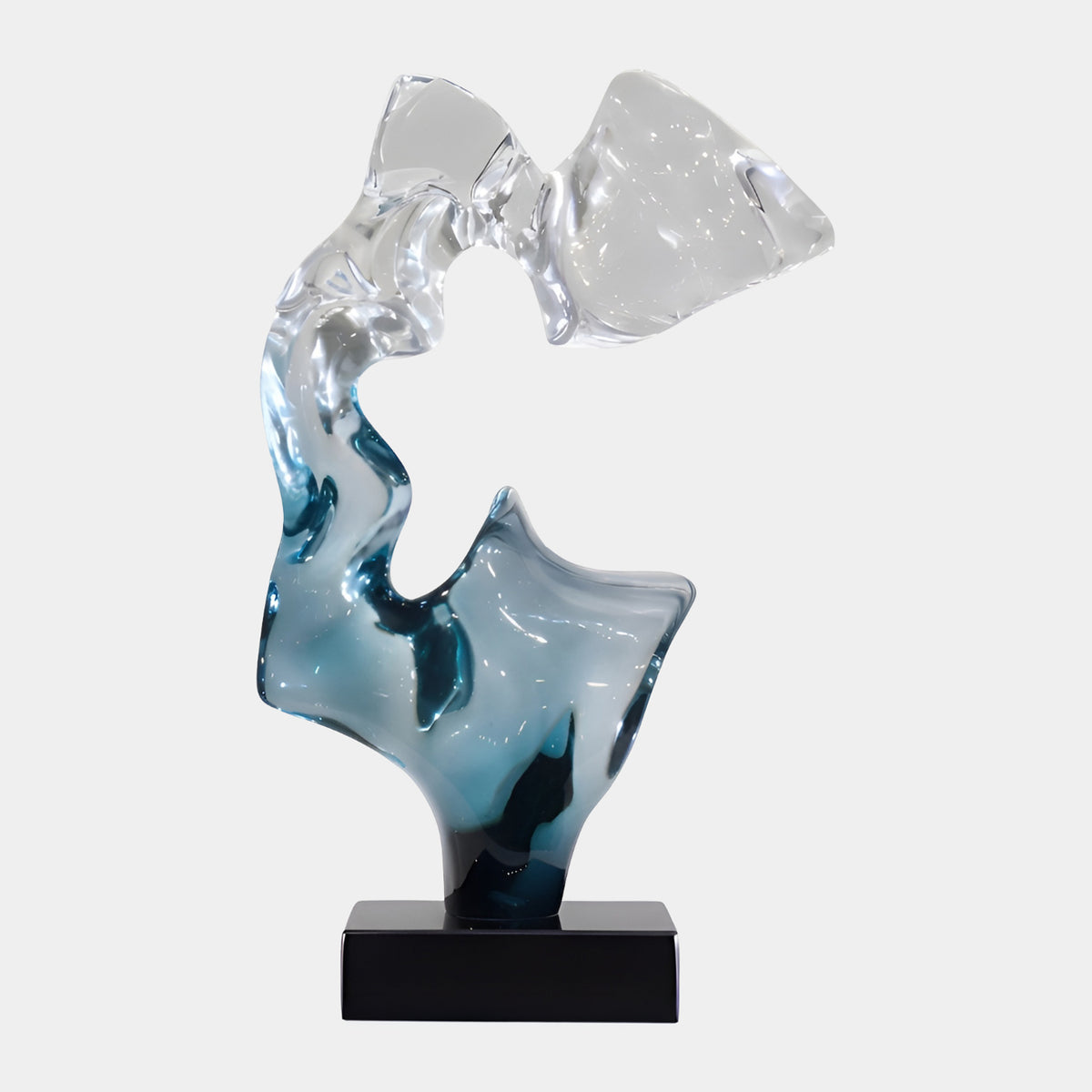 Clear & Blue Breaking Splash Resin Sculpture, 60cm, with a clear upper lobe flowing into deep blue below, set on a black square base against a plain white background.
