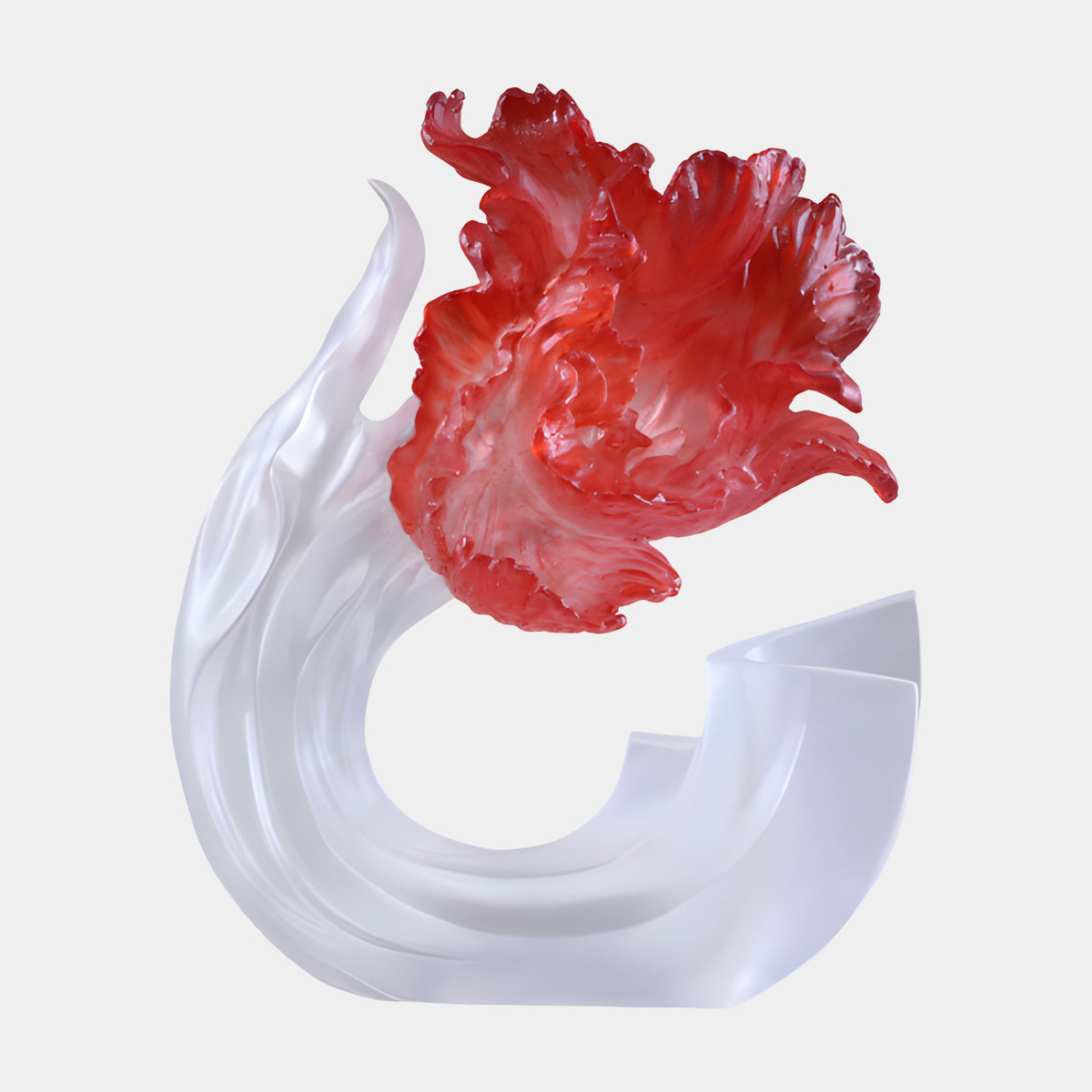 Frosted White Swirl with Red Frilled Flower Resin Sculpture, 50cm, a satin-white curling form topped with a ruffled red bloom, shown on a plain white background.